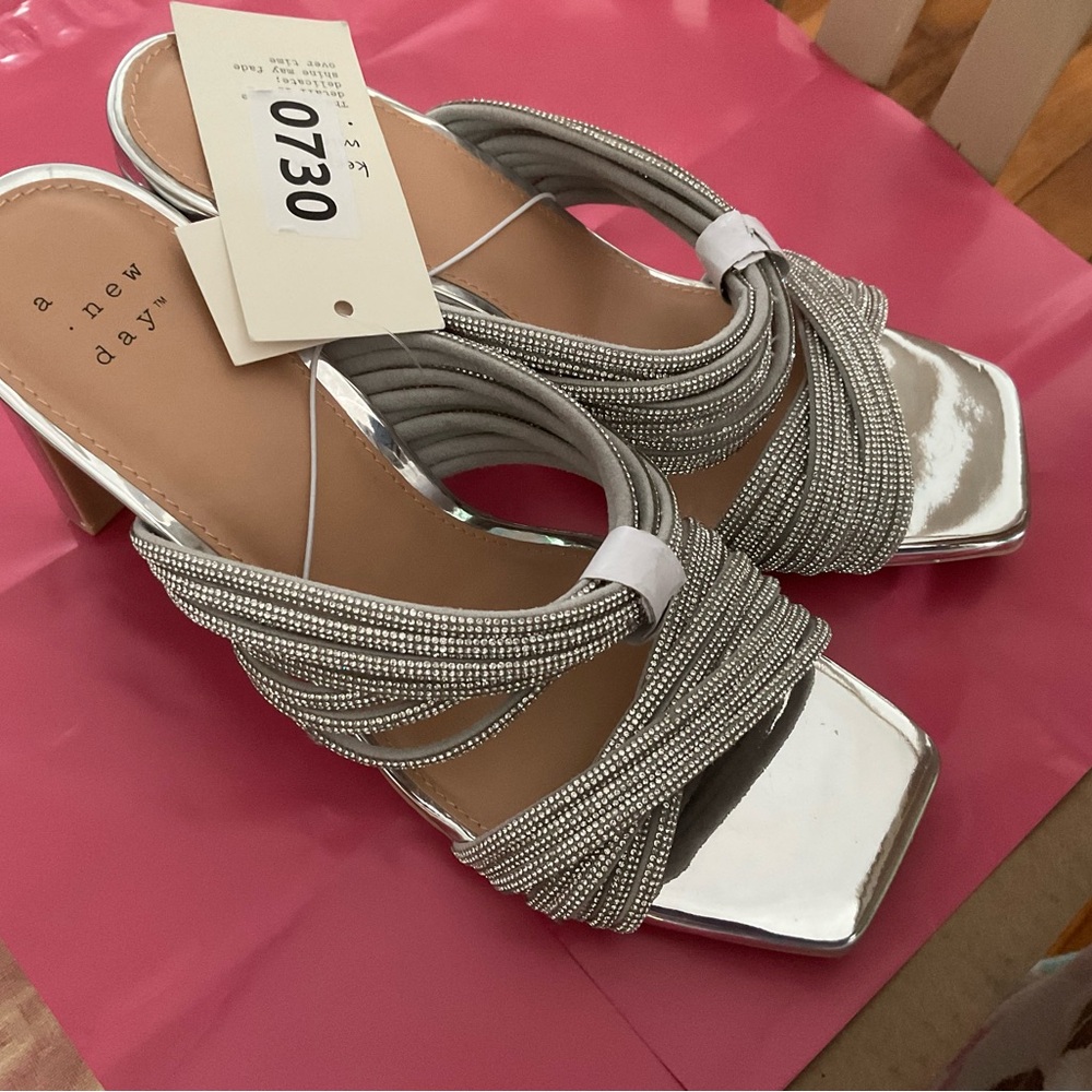 A New Day Women's Tammy Rhinestone Heels in silver with a block heel NWT